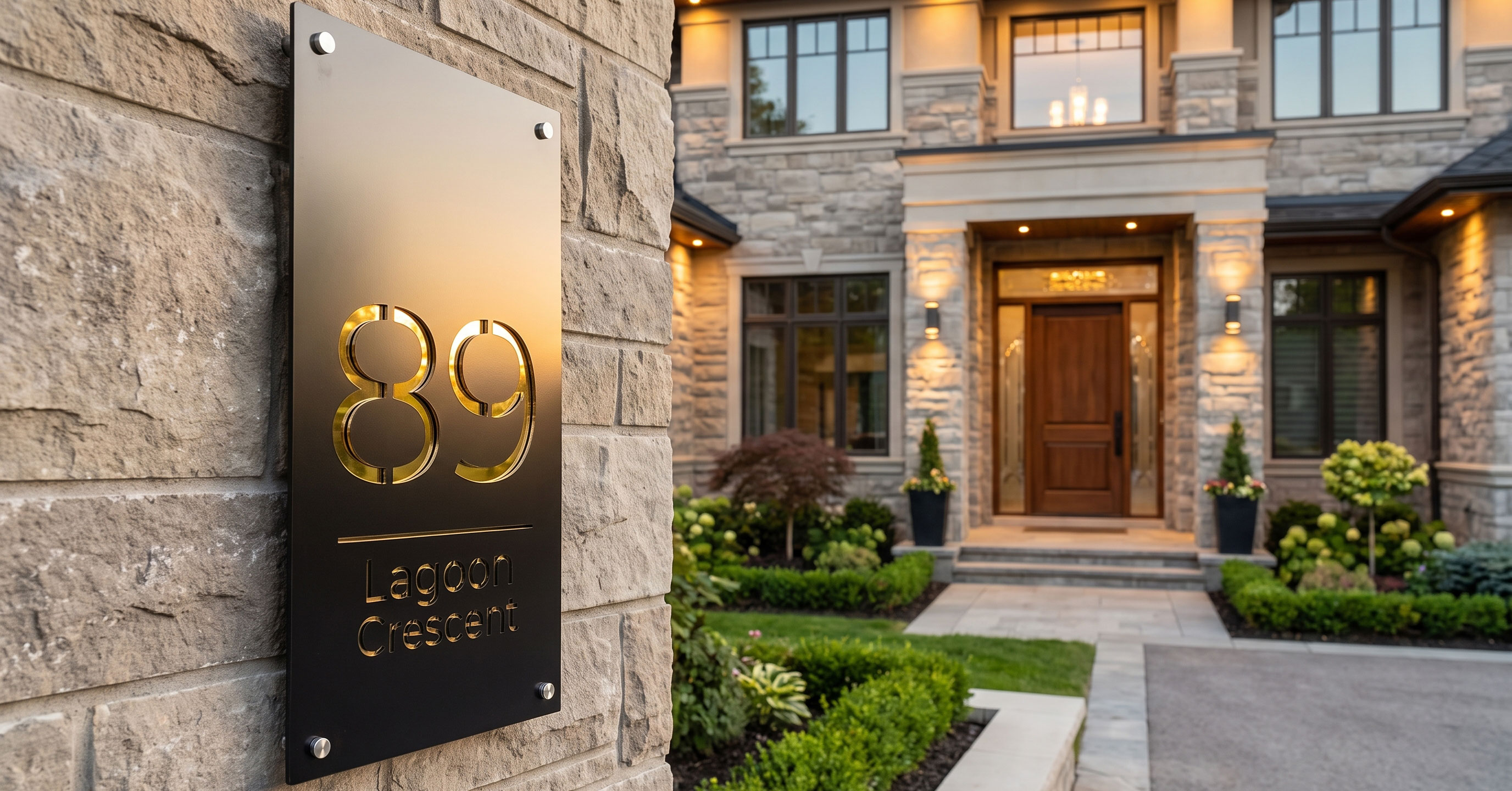 Premium modern black and gold door numbers on a light textured wall entrance