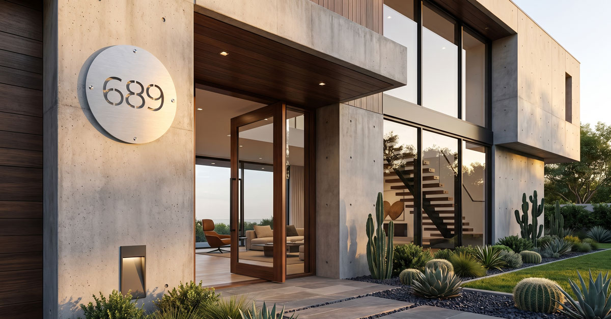 Premium modern house number sign plaque mounted on a contemporary boundary wall