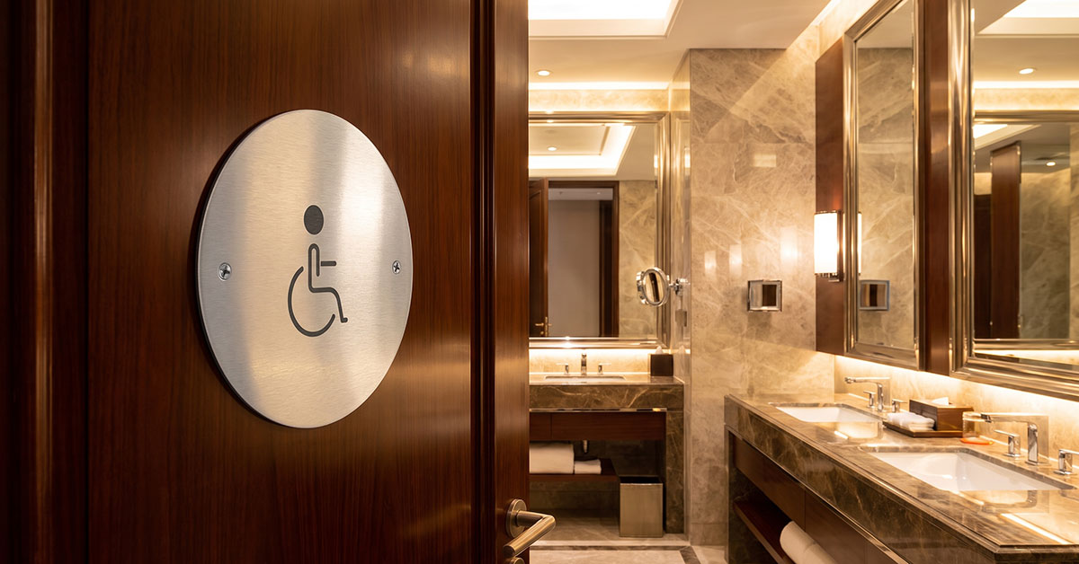 Industrial grade brushed aluminium restroom signs installed on commercial facility doors