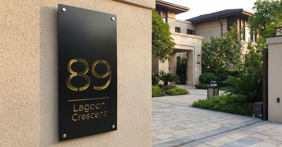 Modern style laser cut acrylic house numbers plate mounted with stainless steel standoffs